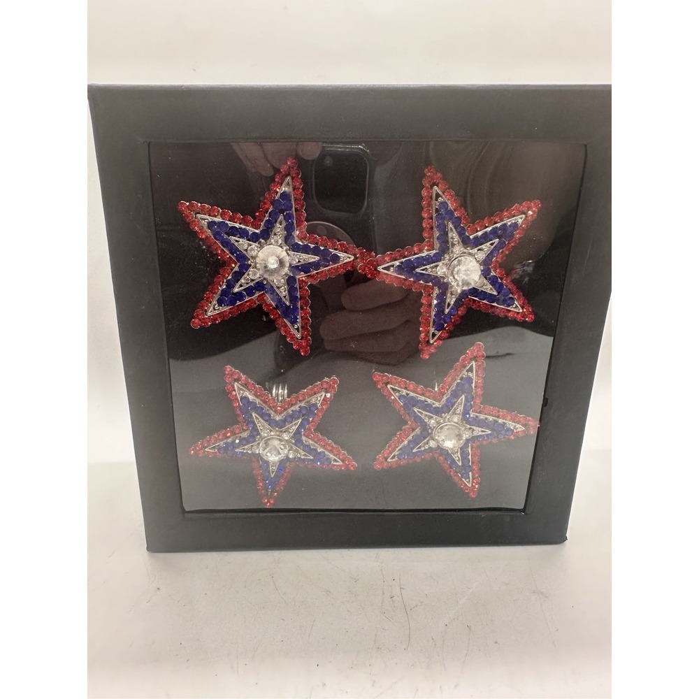 Storehouse Patriotic Star 4th of July Red‎ Blue Jeweled Rhinestones Napkin Rings